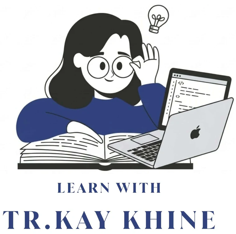 Learn with Tr. Kay Khine: illustration of a teacher with a laptop, an open book and a lightbulb