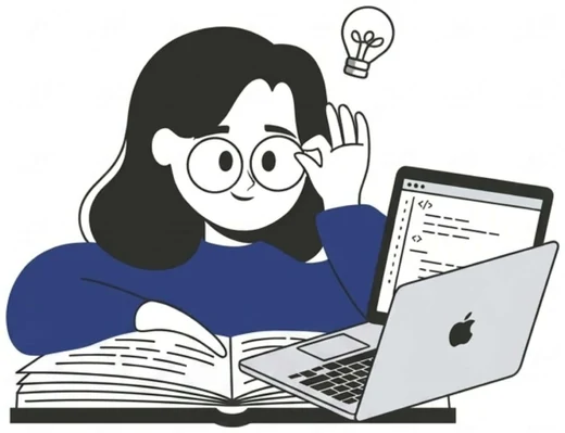 Illustration of Tr. Kay Khine studying with a laptop, book and a lightbulb idea